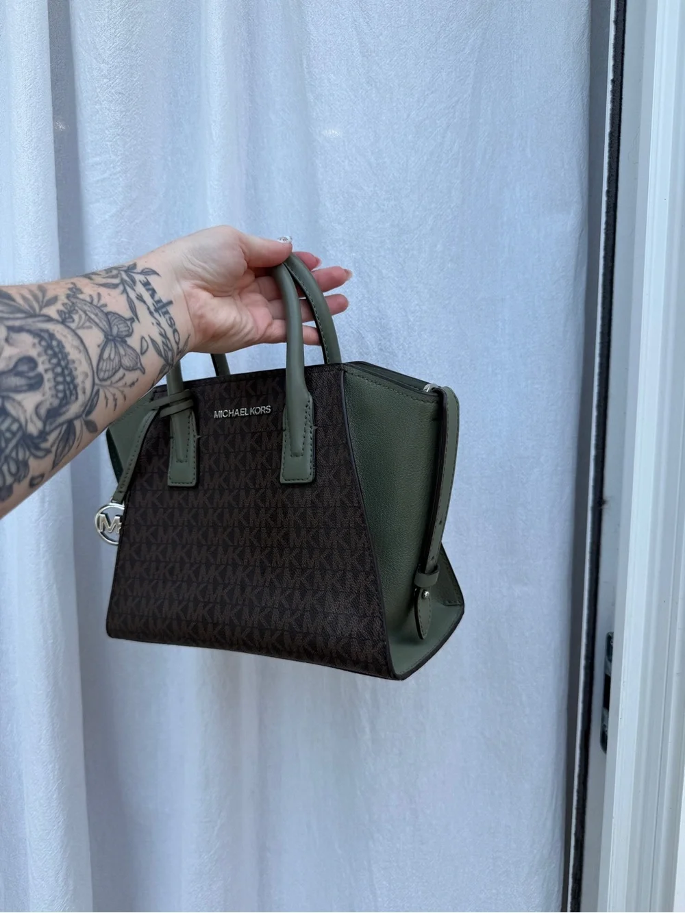 Michael Kors Olive Green & Brown Logo Satchel